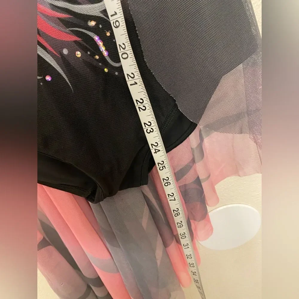 Lyrical skating solo dance costume black pink floral rhinestone ballet dress XLC